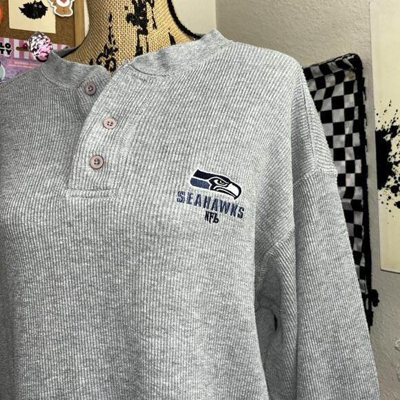 2007 NFL Seattle Seahawks Embroidered Thermal Long Sleeve Henley Shirt Gray Mens - Picture 2 of 7